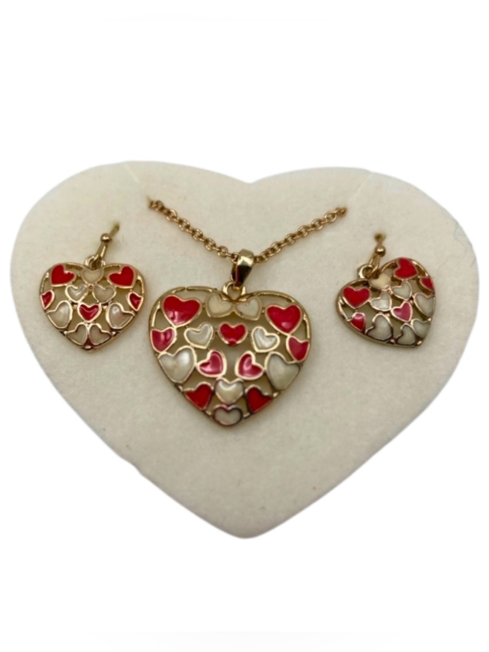 Vintage Avon Open Metal Red & Cream Enamel Hearts Gold-Tone Set Cottagecore